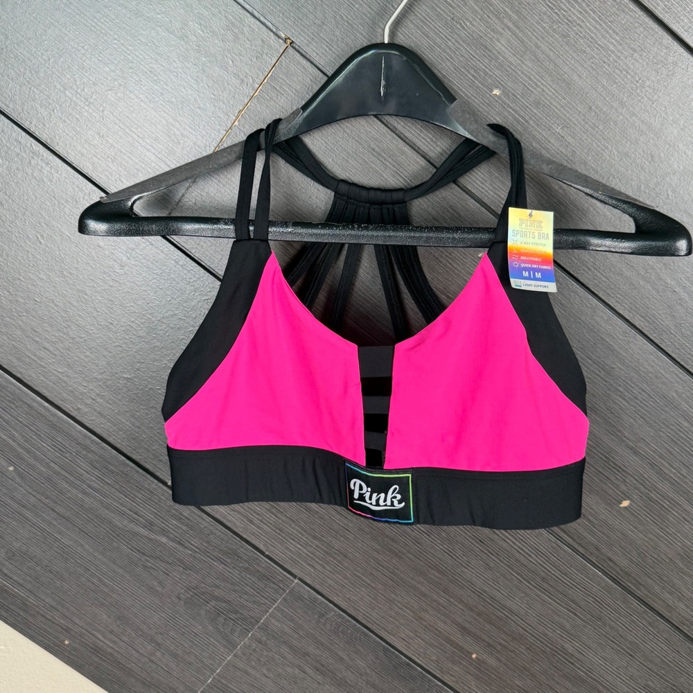 PINK Victoria's Secret Ultimate Sports Bra Medium Neon Pink Black Strappy NWT